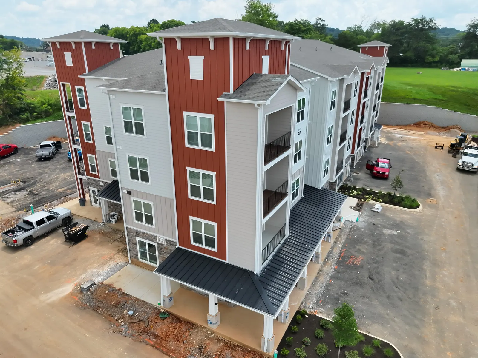 Echelon apartments in Knoxville from above, showing the shingle and membrane roof